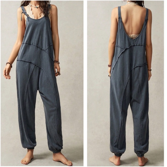 Pants - Plus Charcoal Grey Solid Shoulder Tie Jogger Leg Jumpsuit